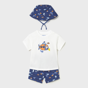 ΠΑΙΔΙΚΟ ΣΕΤ 3 ΤΜΧ ΜΠΛΟΥΖΑ T-SHIRT, ΒΕΡΜΟΥΔΑ ΣΤΑΜΠΩΤΗ ΚΑΙ ΚΑΠΕΛΟ MAYORAL ΑΣΠΡΟ ΜΠΛΕ ΑΓΟΡΙ 26-01667-082