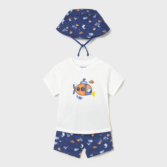 ΠΑΙΔΙΚΟ ΣΕΤ 3 ΤΜΧ ΜΠΛΟΥΖΑ T-SHIRT, ΒΕΡΜΟΥΔΑ ΣΤΑΜΠΩΤΗ ΚΑΙ ΚΑΠΕΛΟ MAYORAL ΑΣΠΡΟ ΜΠΛΕ ΑΓΟΡΙ 26-01667-082
