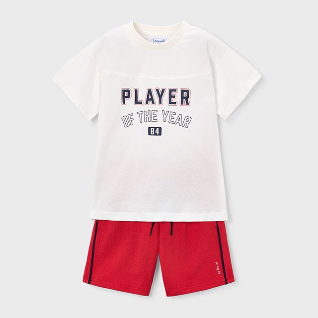 ΠΑΙΔΙΚΟ ΣΕΤ 2 ΤΜΧ ΜΠΛΟΥΖΑ T-SHIRT ΚΑΙ ΒΕΡΜΟΥΔΑ PLAYER MAYORAL ΑΣΠΡΟ ΚΟΚΚΙΝΟ ΑΓΟΡΙ 26-03608-052